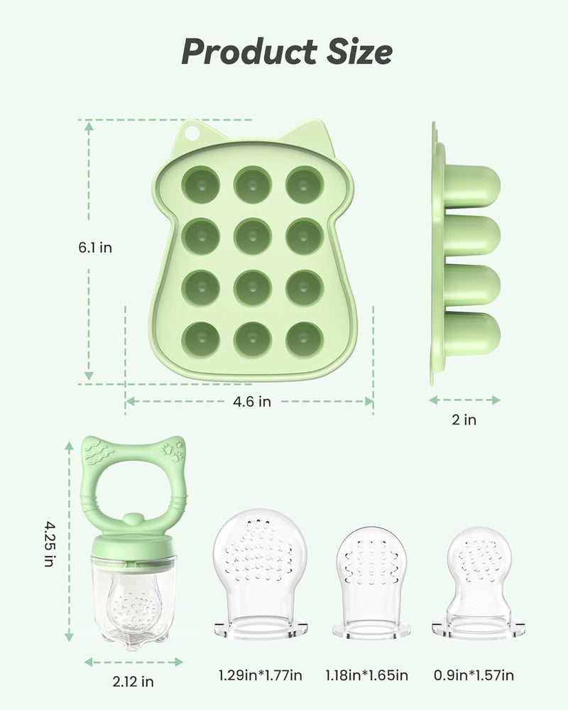 melican Silicone Baby Fruit Food Feeder (2 Pack) with Freezer Nibble Tray, Breastmilk Popsicle Molds for Baby Teething Relief, Feeder for Safe Infant Self Feeding, BPA Free, Dishwasher Safe, 3 Month+ Green - Image 3